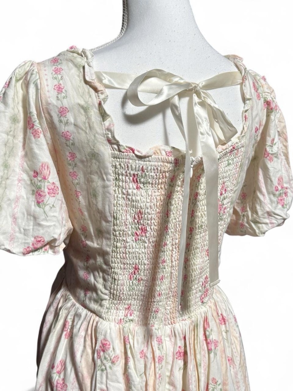 Ivy City Co Size Large Cream Pink Floral Puff Sleeve Cottagecore Dress - Picture 6 of 8
